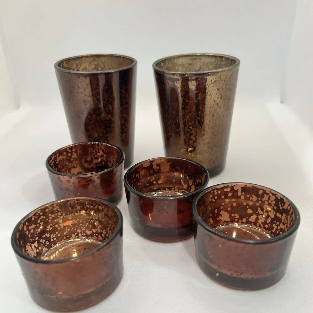 6 Fall Candle Holders Mercury Glass Voltive Brown & Gold Leaf Autumn